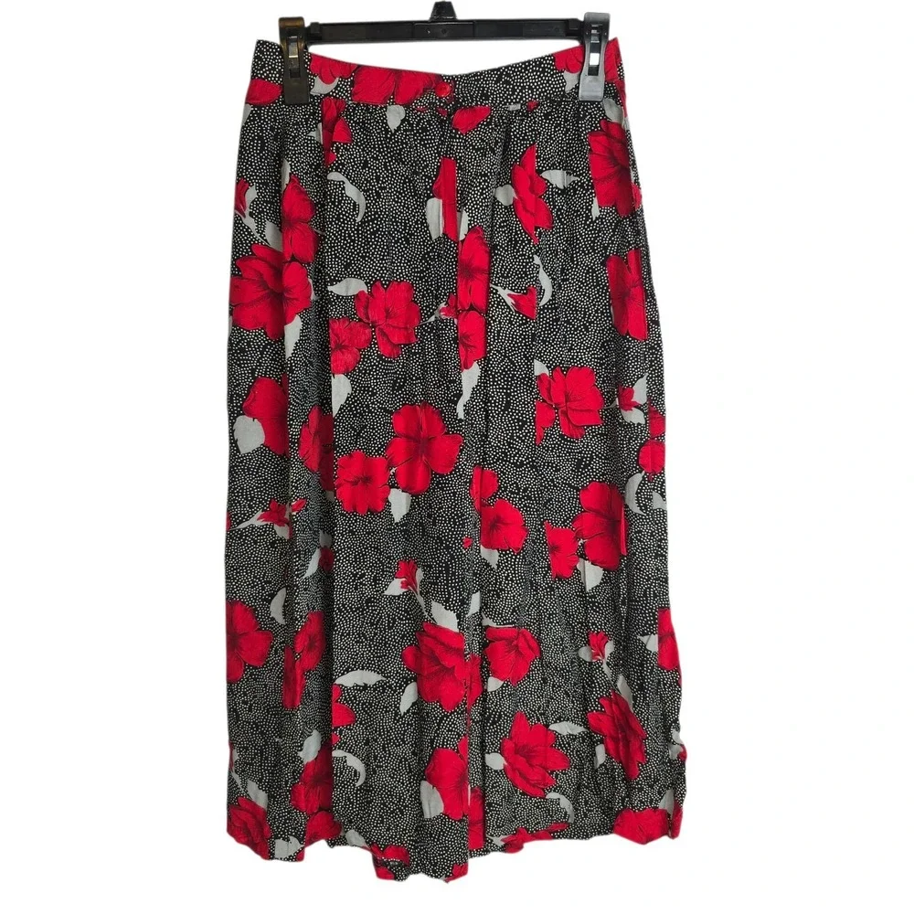 Vintage Made USA Maren Red Floral Polka Dot Skirt Womans Sz Med Midi Cottagecore
